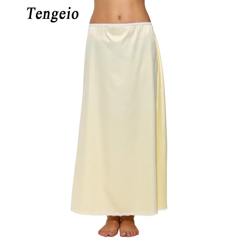Tengeio Women Petticoat Underskirts Satin Trim Maxi Lace Long Black Half Slip Underskirt Skirt Slips Jupon Dentelle Femme 610