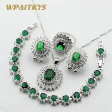 Цветок женский серебряный цвет Ювелирные наборы зеленые камни CZ Белый CZ ожерелье Кулон Браслеты Серьги Кольца подарочная коробка
