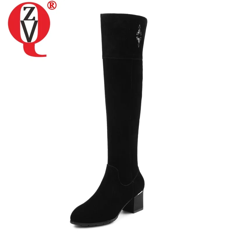 

ZVQ woman shoes 2019 winter warm new fashion sexy round toe cow suede knee high boots outside mid heels zip office ladies shoes