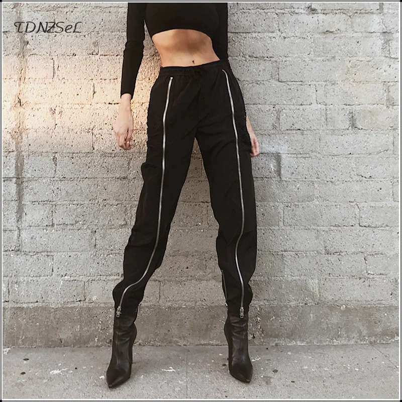 

Casual Front Long Zipper High Waist Cargo Pants Women Punk Hip Hop Black Fashion Harem Ankle Zipper Trousers 2019 New Streetwear