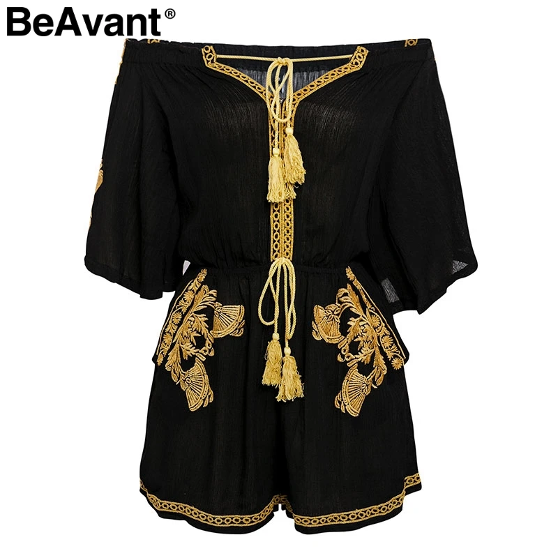 BeAvant Ethnic embroidery black jumpsuit rompers Women v neck tassel boho playsuit Summer beach casual overalls macacao 2018 new Jumpsuits and Playsuits