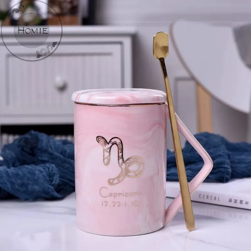 HOMIE Luxury 12 constellation marble cup With lid and spoon Ceramic Coffee Mug 450ml Animal Mugs creative Drinkware Tea milk Cup Newlywed couple gift23