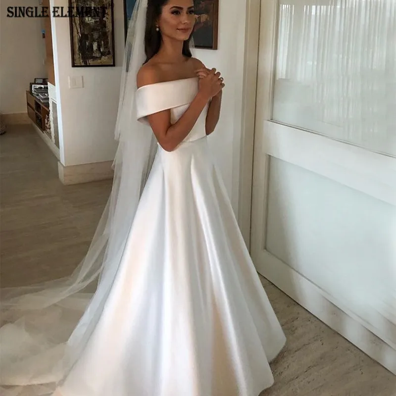 

SINGLE ELEMENT Elegant Vintage With Buttons Back Off Shoulder Satin Wedding Gowns