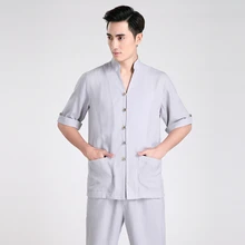 Envío gratis media manga juego de la espiga ropa tradicional china Kung Fu camisa cuello mao chino camisa de lino superior