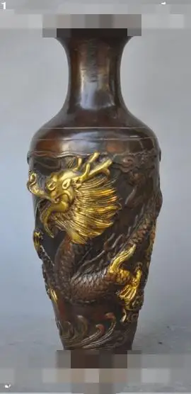 

S00599 8"Chinese Dynasty Palace Bronze gilt fly Dragon lucky statue Bottle Vase Statue (B0413)