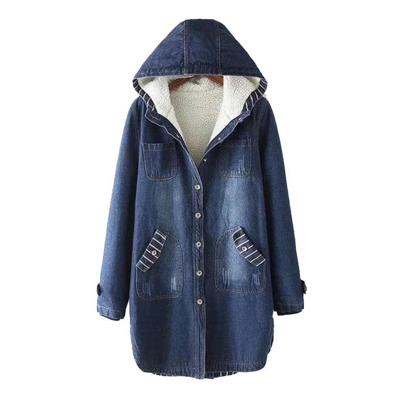 

Free Shipping 2016 Winter Women Thick Woolen Liner Denim Single Breasted Coat Jacket Casual Jeans Long Denim Worm Coat