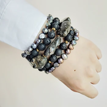 

Lii Ji Lava Freshwater Pearl Turritella Agates Hematite Beads 5 rows OT Clasp Bracelet Bohemia Style Jewelry Drop shipping