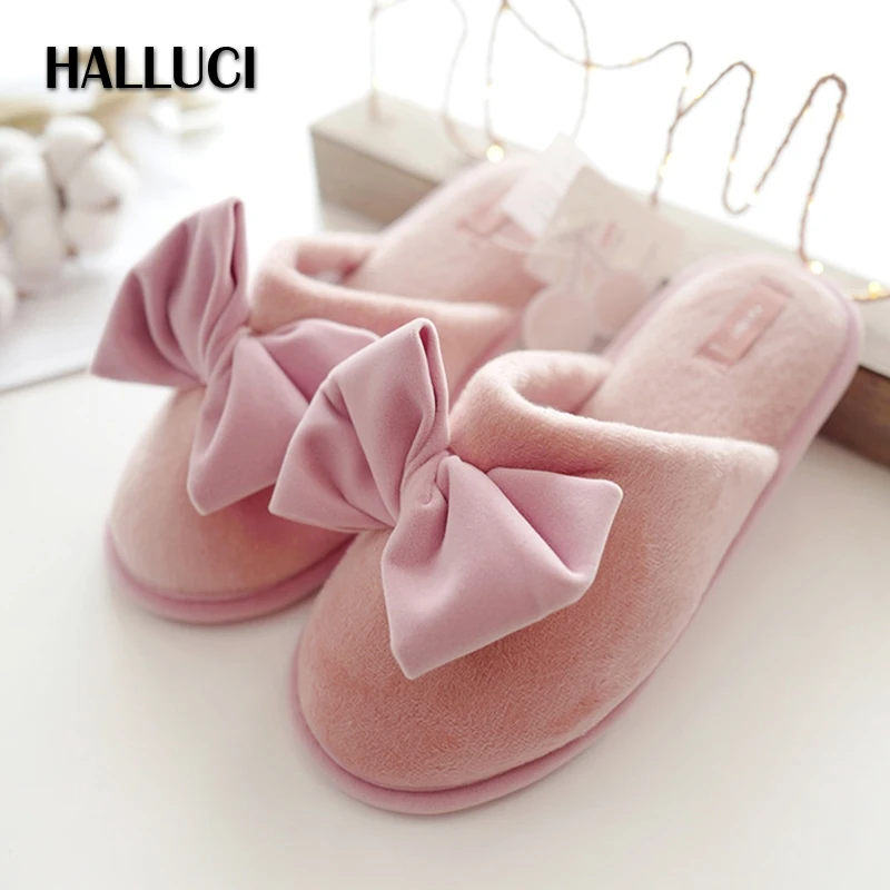 

HALLUCI Super velvet home slippers women slides big bowknot pantufa simple indoor shoes terlik cotton soft female Slippers