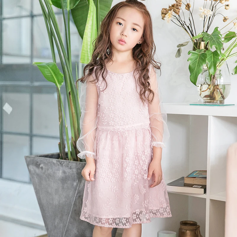 Princess dress lace pink dress for 4 years girl floral Long sleeved