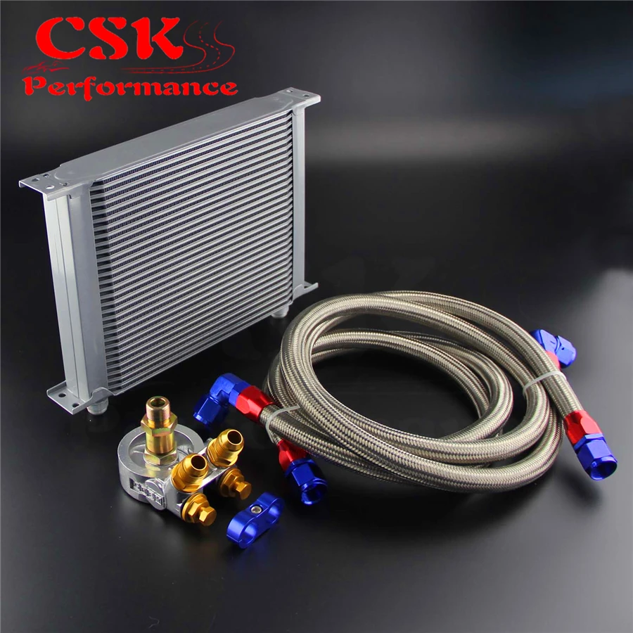 

New 30 Row Engine Oil Cooler w/ 80 Deg Thermostat Plate + AN10 Oil Lines Kit Silver / Black