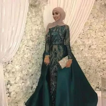 Удивительные зеленые платья на выпускной одежда с длинным рукавом Съемная Поезд праздники Выпускной одежда Вечеринка платья большого размера индивидуальный заказ