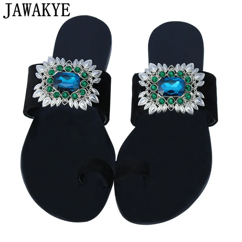 

Blue Rhinestone Beach Slippers Women Sexy Split Toe Crystal Buckle Decor One Strap Black Sandals Bohemia Runway Flip Flops Woman