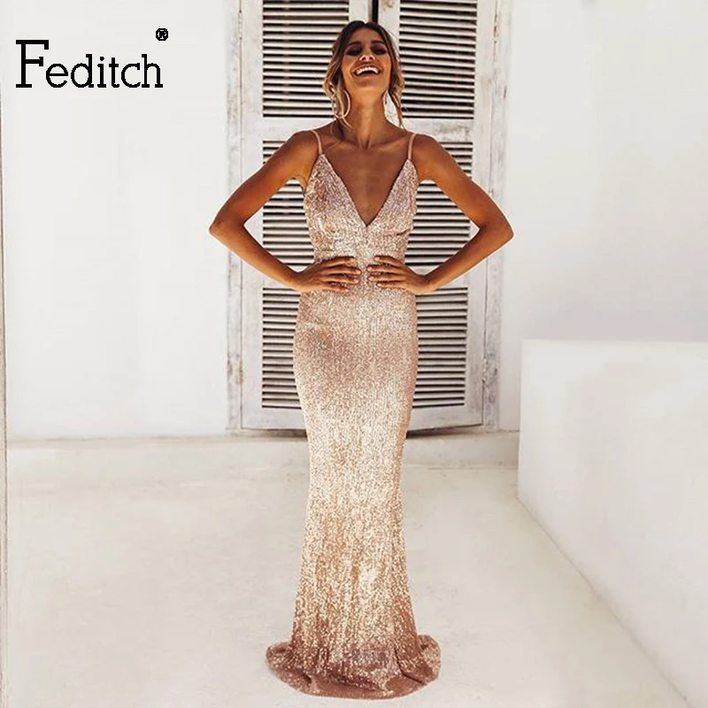 

Feditch 2019 New Arrival Elegant dress Women V-Neck summer dress Maxi Long bling Dresses Bodycon sexy dress woman Vestidos