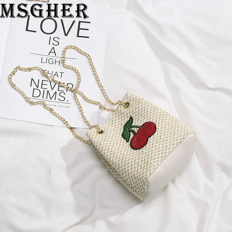 

MSGHER Bucket Bags Women Summer Straw Small Shoulder Bags Female Casual Chain Beach Bags Fashion Cherry Crossbody Bags