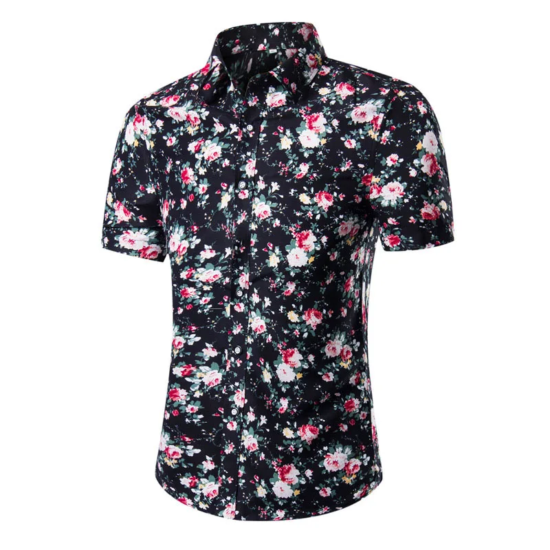 

2019 New Men's Slim fit Flower Printed Shirts Male Short Sleeve Floral Shirt Men Basic Tops Casual Shirts Plus Size