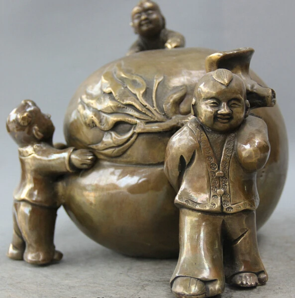 

JP S0524 10" Chinese Copper Feng Shui Tong Zi Boy Lad girl moppet longevity peach Statue (B0413)