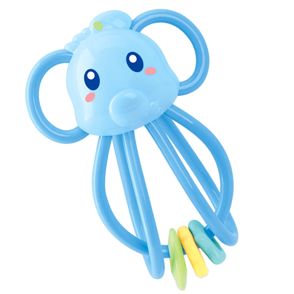 Baby Teether Ring Handbell Rattle Montessori Teething & Grasping Developmental Sound Toy for Infant Toddler - Elephant