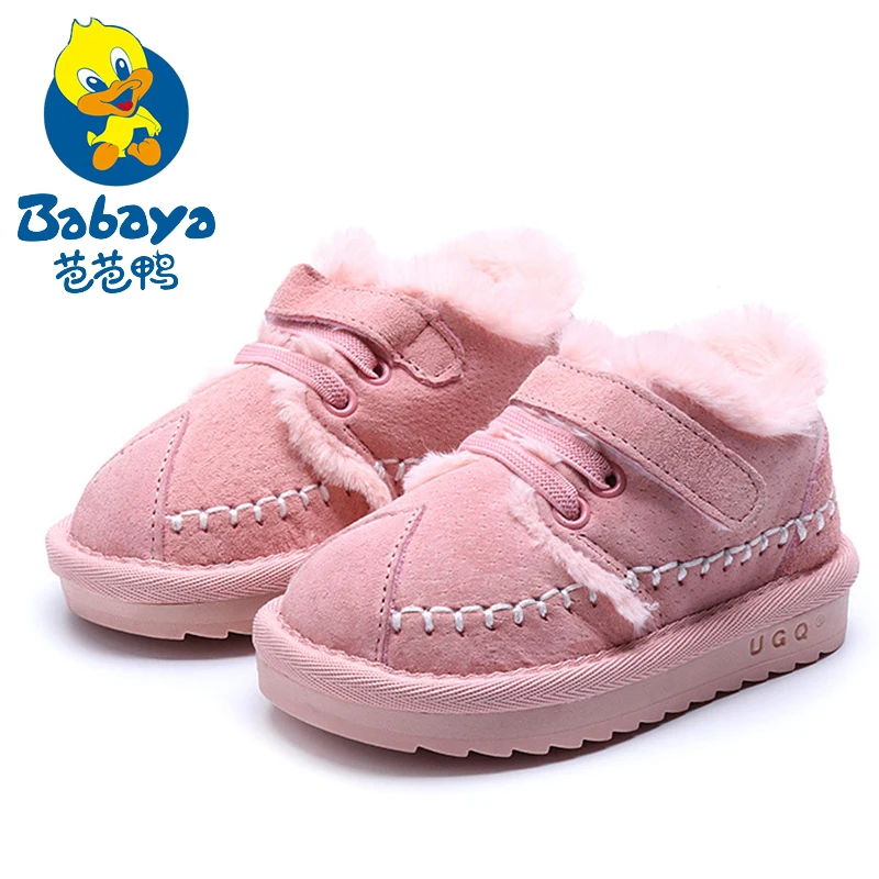 

BABAYA Keep Warm Kids Winter Boots Hook&Loop Plush Liner Non-skid Boys Girls Casual Boots 2018 Children Genuine Leather Boots