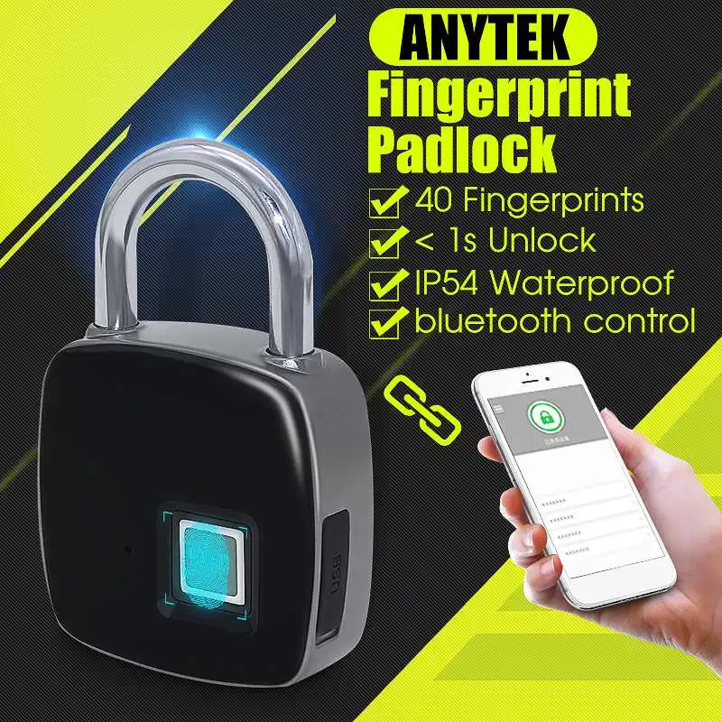 

ANYTEK Keyless Fingerprint IP54 Waterproof Anti-Theft Security Door Luggage Case Lock P3 Smart Lock bluetooth 4.1 APP Padlock