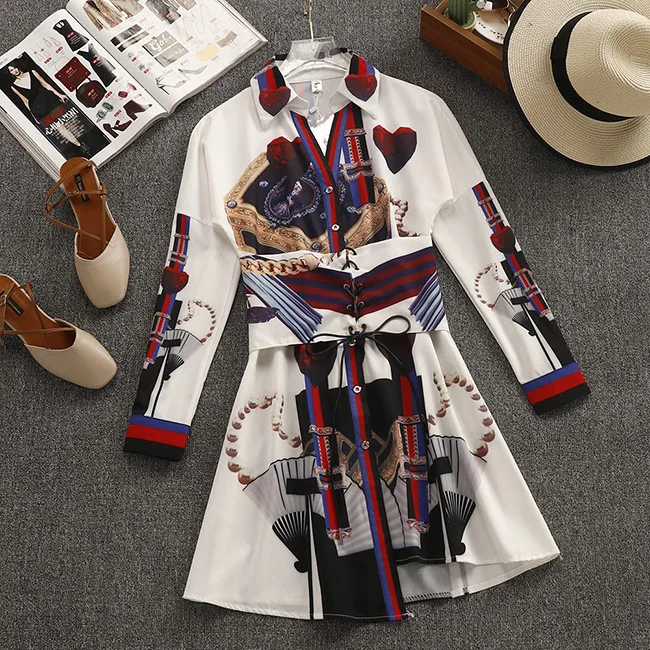 

2019 Spring New Print Full Sleeve single-Breasted Belt Irregular Hem A-Line Dress Casual Party Vintage Boho Dress