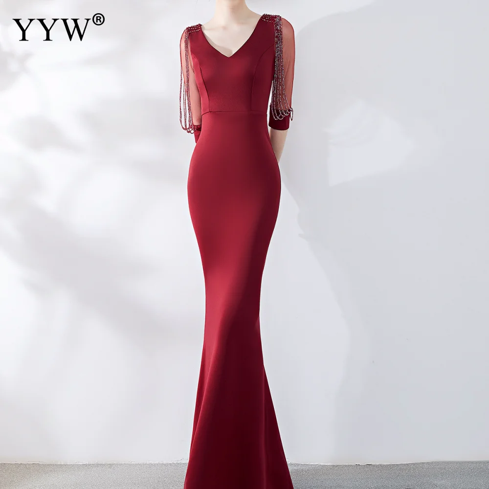 

Elegant Wine Red Women Sexy V Neck Formal Party Dresses Voile Beadings Half Sleeve Slim Long Mermaid Evening Dress Club Vestidos