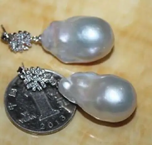 

New natural freshwater pearls huge one pair 20-25mm South sea white dangle pearl >>>silver earrings for women Free shipping