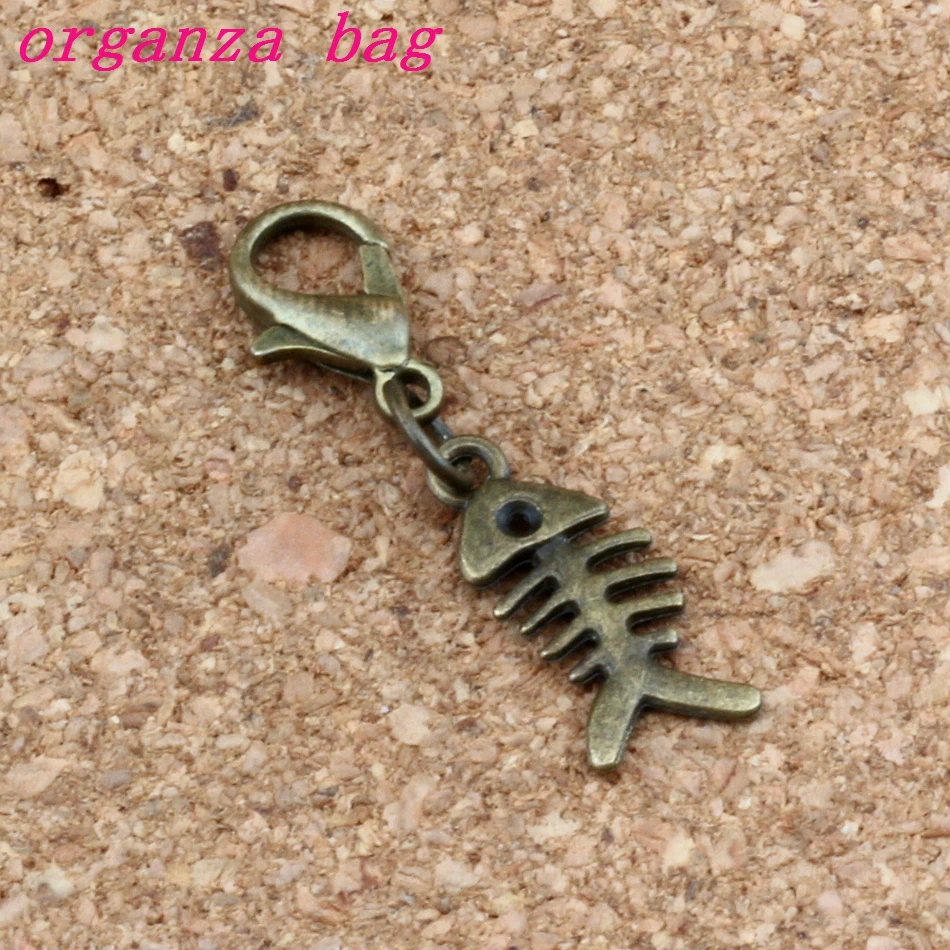 

200Pcs /lots Antique bronze fish bone Charm Bead with Lobster clasp Fit Charm Bracelet Jewelry DIY 7x31mm A-294b