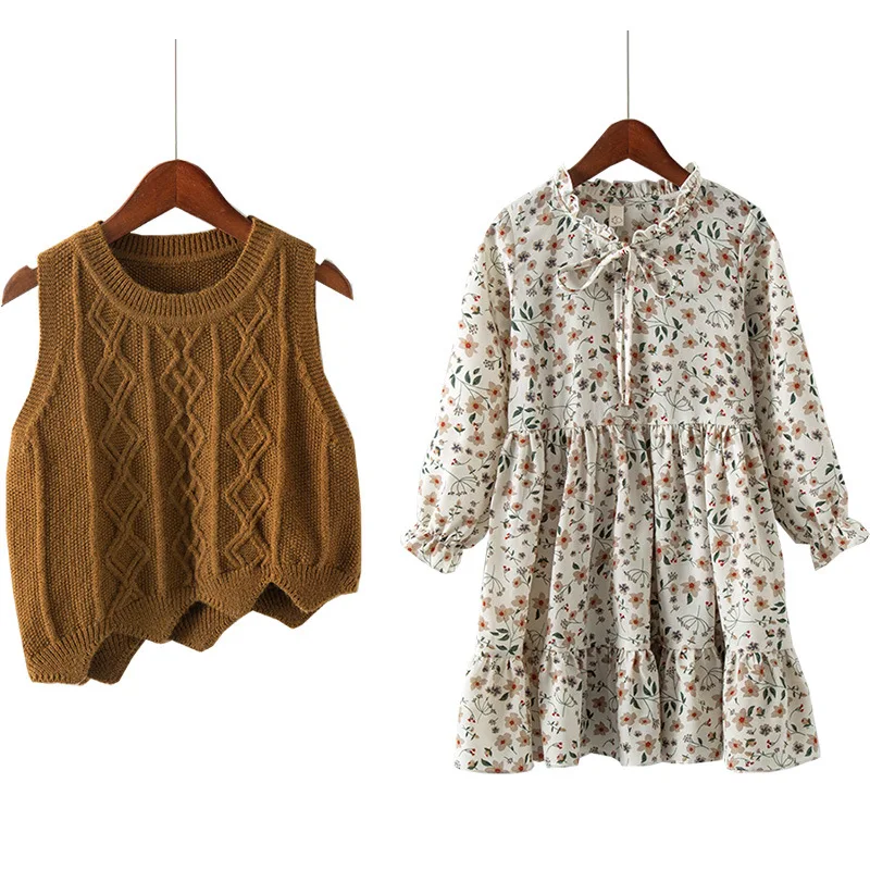 Новые осенние платья для девочек, Детский комплект из 2 предметов, Детский свитер с длинными рукавами, жилет и шифоновое платье с цветочным рисунком, детский набор одежды,#3236 - Цвет: coffee set