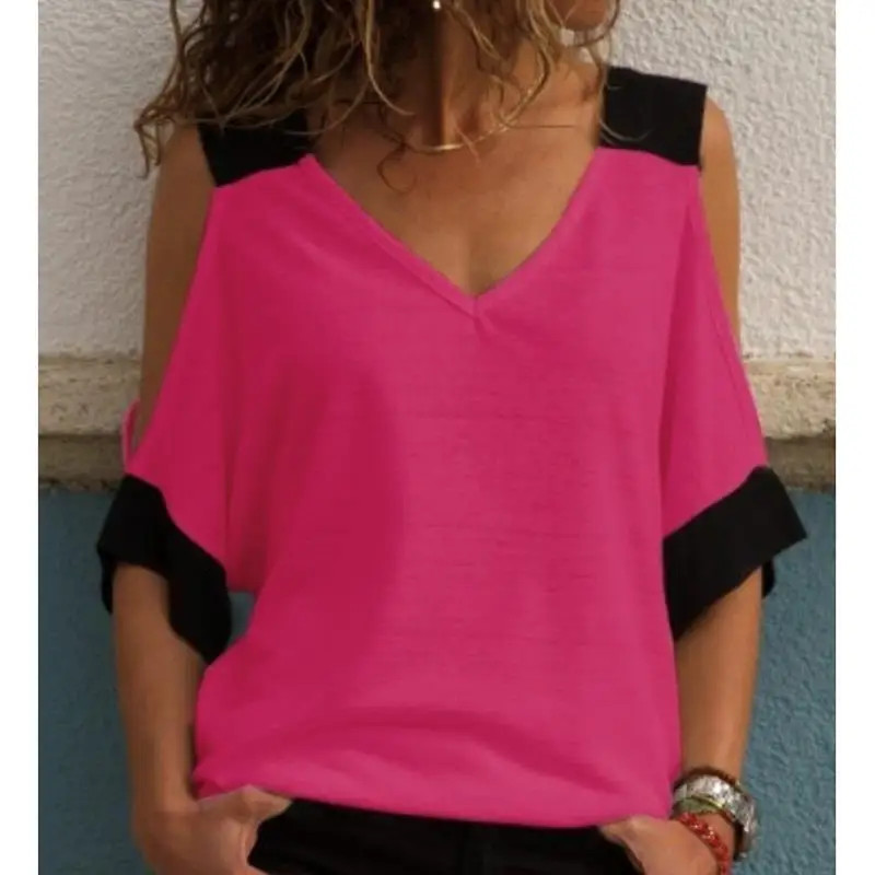 9 цветов, S-5XL, женская летняя Лоскутная футболка с открытыми плечами, топы, футболка, Женские топы с v-образным вырезом, футболки, Feminina Camiseta Blusas SJ1734X - Цвет: as picture