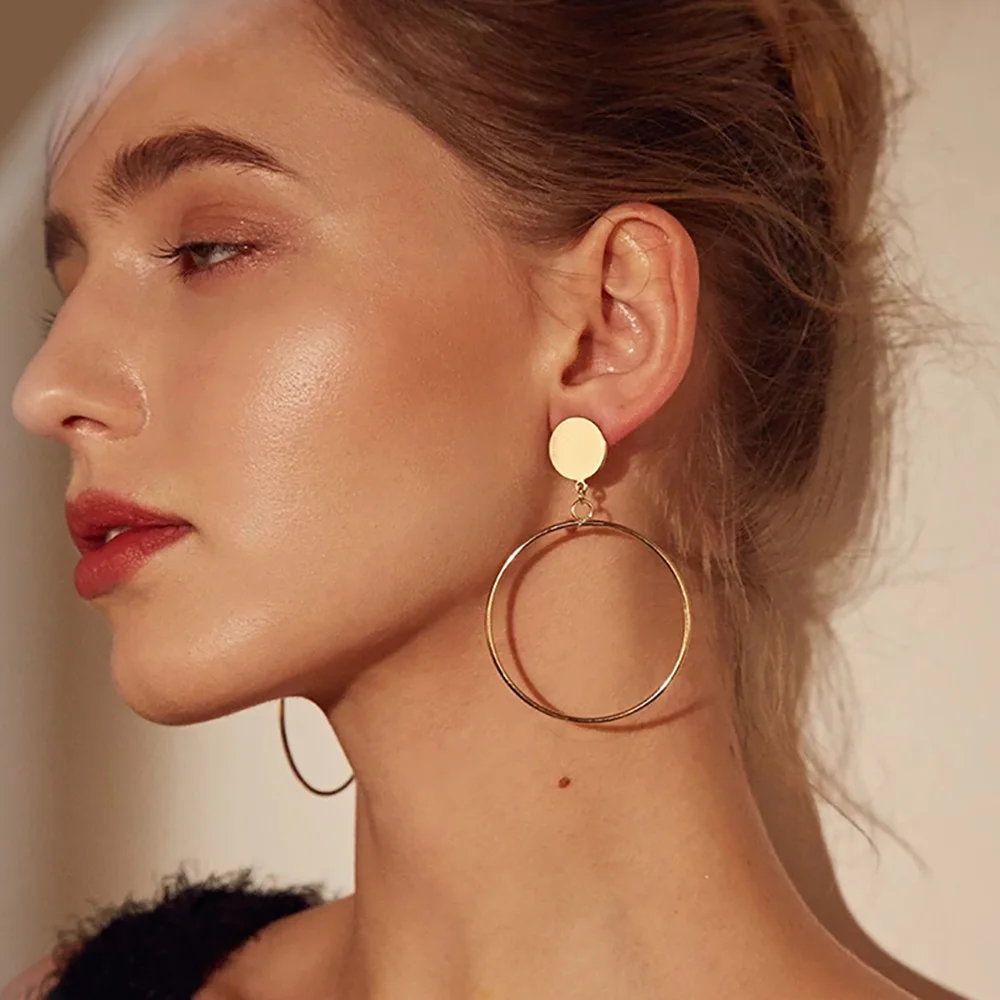 

FAMSHIN Simple Trendy Gold Sliver Color Geometric Big Round Circle Earrings For Women Fashion Large Hollow Drop Earrings Jewelry