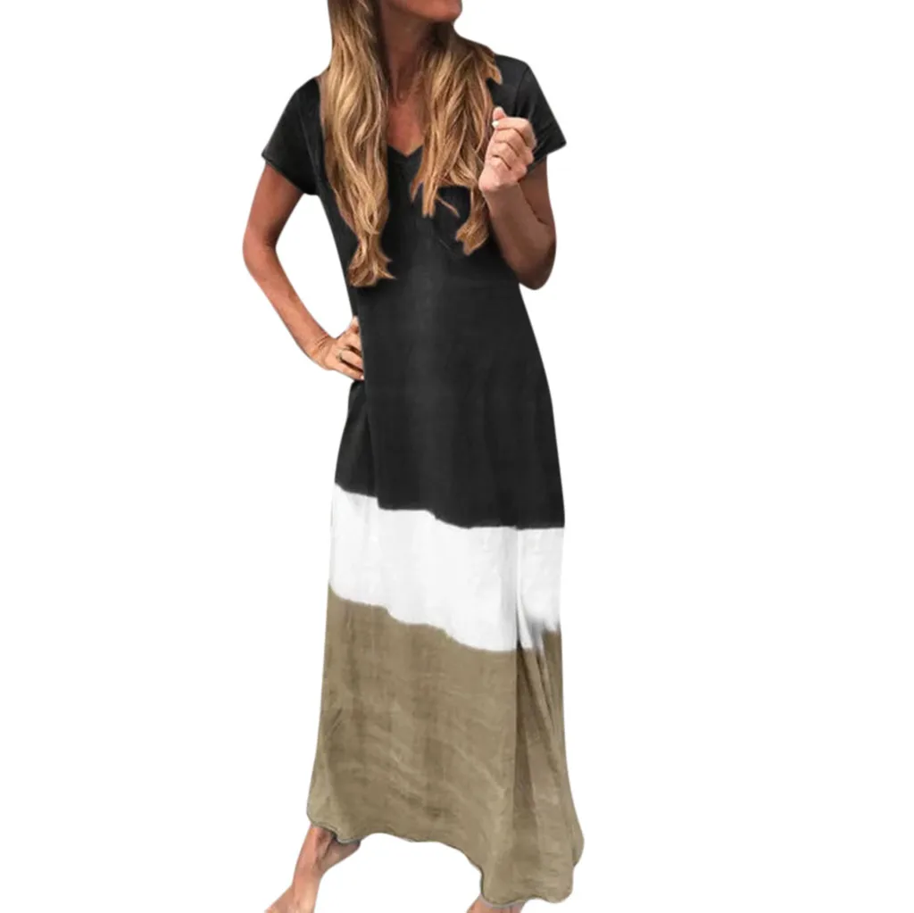 

summer dress Women Plus Size Daily Tie-dyed Color Block Loose V Neck Short Sleeve Maxi Dress vestidos de verano H50