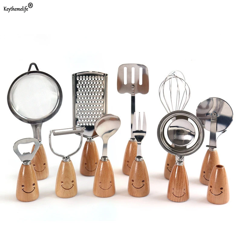 

Kitchenware Cute Smile Wooden Handle Stainless Steel Fork Spoon Spatula Opener Egg Beater Pizza Knife Kitchen Cooking Tool