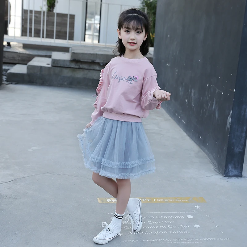 

Girls Clothing Suit Long Sleeve Letter Flower T Shirt Lace Skirt 2Pcs Teens Set Autumn Kids Clothes set For 6 8 10 12 14 Years