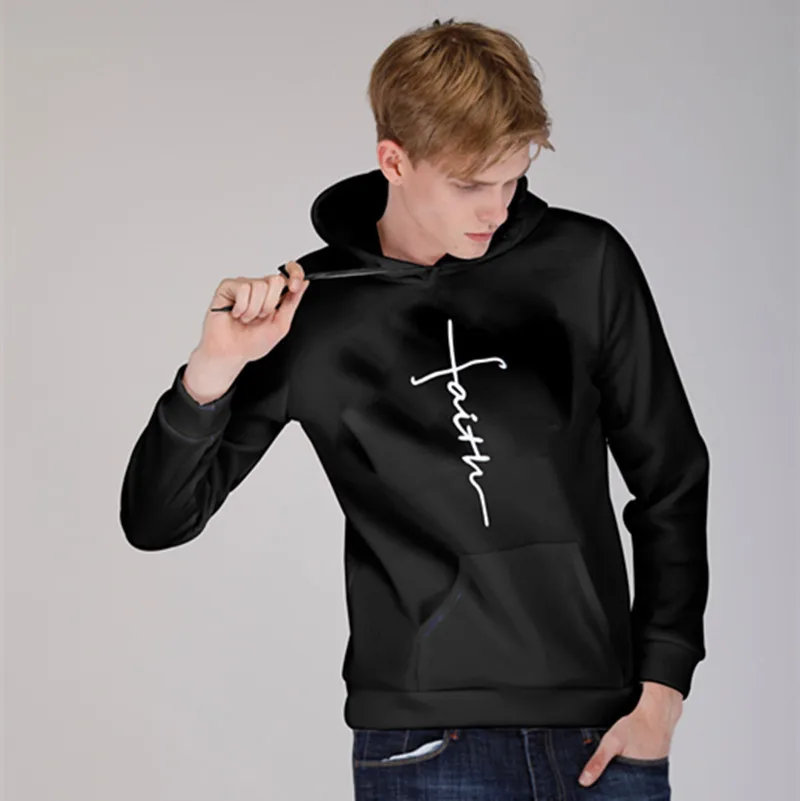 

Autumn Winter Long Sleeve Patchwork Hoodies Men Letters Faith Embroidered Pocket Sweatshirts Female Cotton Blend Pullover