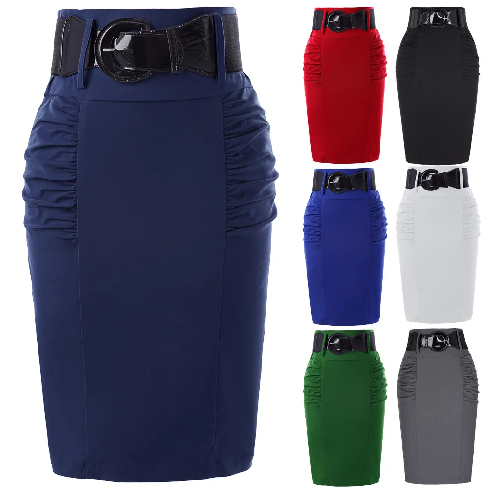 Офисные женские Облегающие юбки, женские винтажные гофрированные детали, высокая юбка-карандаш стретч с широким поясом, элегантные юбки в деловом стиле