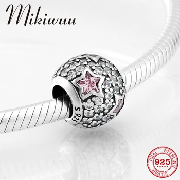 

925 Sterling Silver charms Pink CZ Star round shape fine DIY Beads Jewelry Making fit Original Pandora Bracelet Necklace