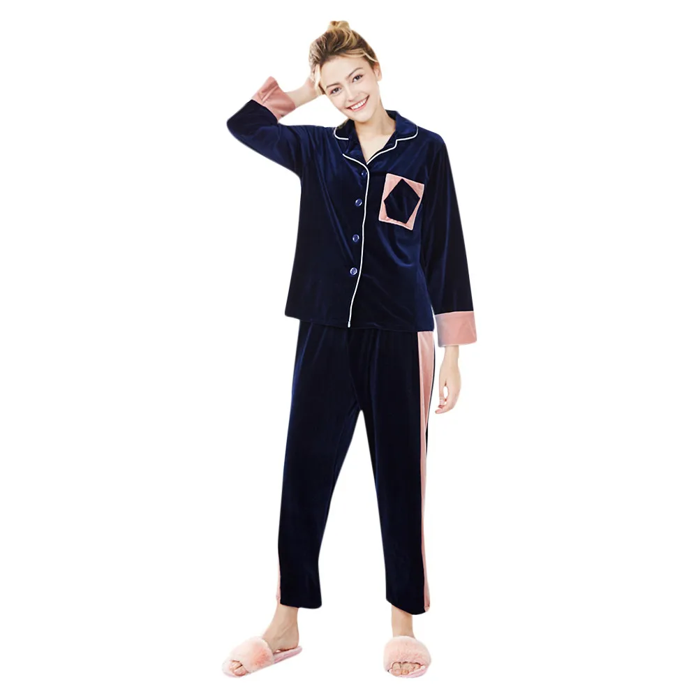 Женское белье Зимняя пижама с длинным рукавом бархатная ночная рубашка атласная с v-образным вырезом топ брюки пижамные комплекты для женщин домашний костюм Pijama Mujer - Цвет: Navy