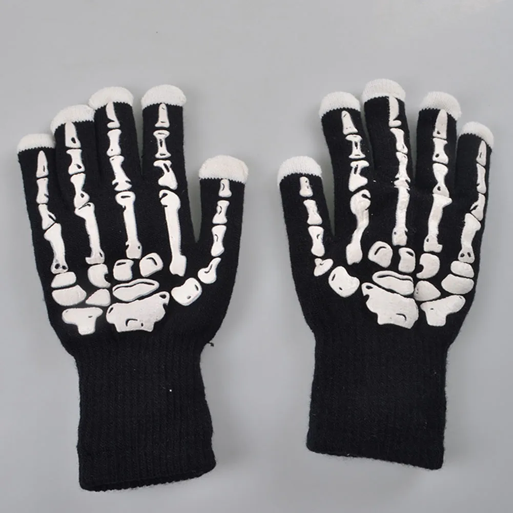 Winter Skeleton Gloves Luminous Skull Smartphone Gloves Black Warm Men