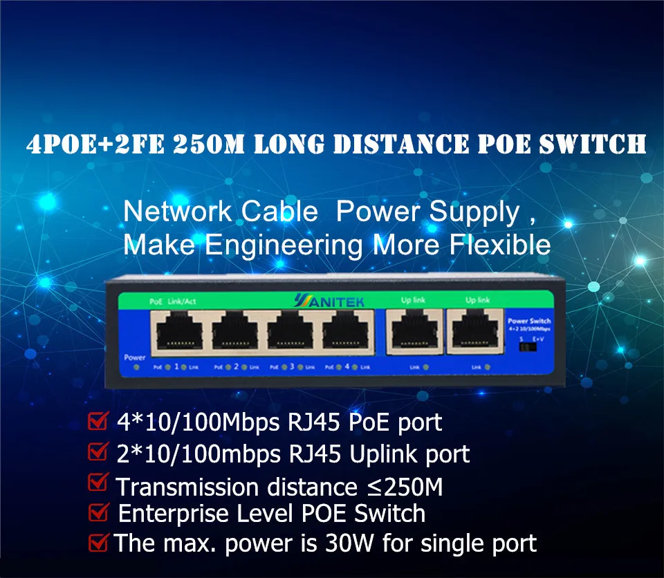 250 м 4 + 2 POE коммутатор 2 восходящего и 4 POE RJ45 порты с VLAN DIP 6 портов 4 poe выключатель инъектор коммутатор для интернет-сети poe