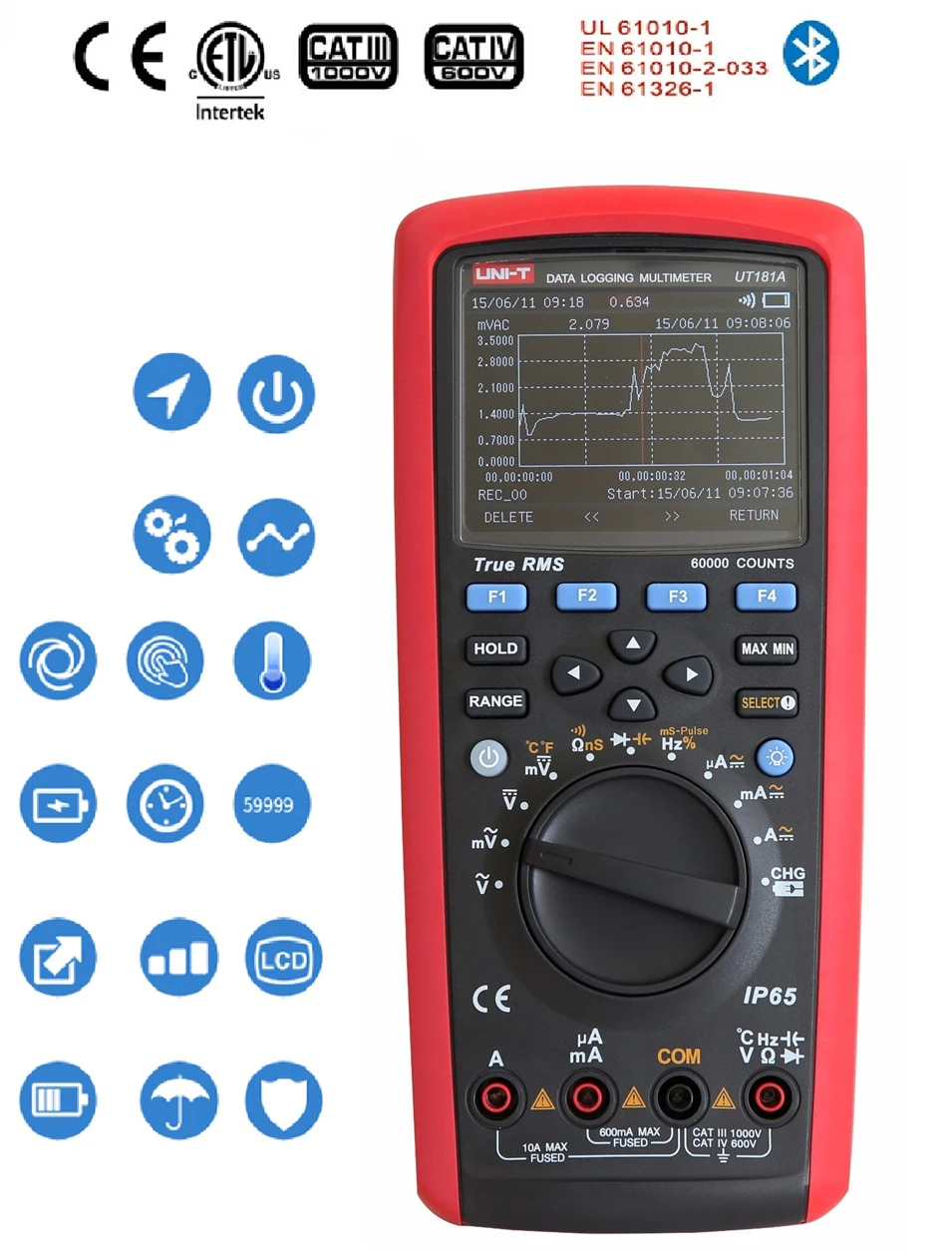 

UNI-T UT181A True RMS Datalogging Digital Multimeters DMM Capacitance Temperature Meter w/Re-Chargeable Li-Battery EU Plug