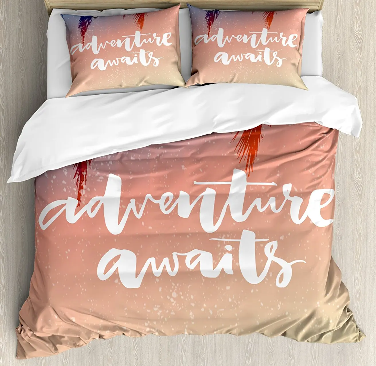 

Duvet Cover Set , Artistic Interpretation of Motivational Pictures Adventure Awaits Message Print, 4 Piece Bedding Set