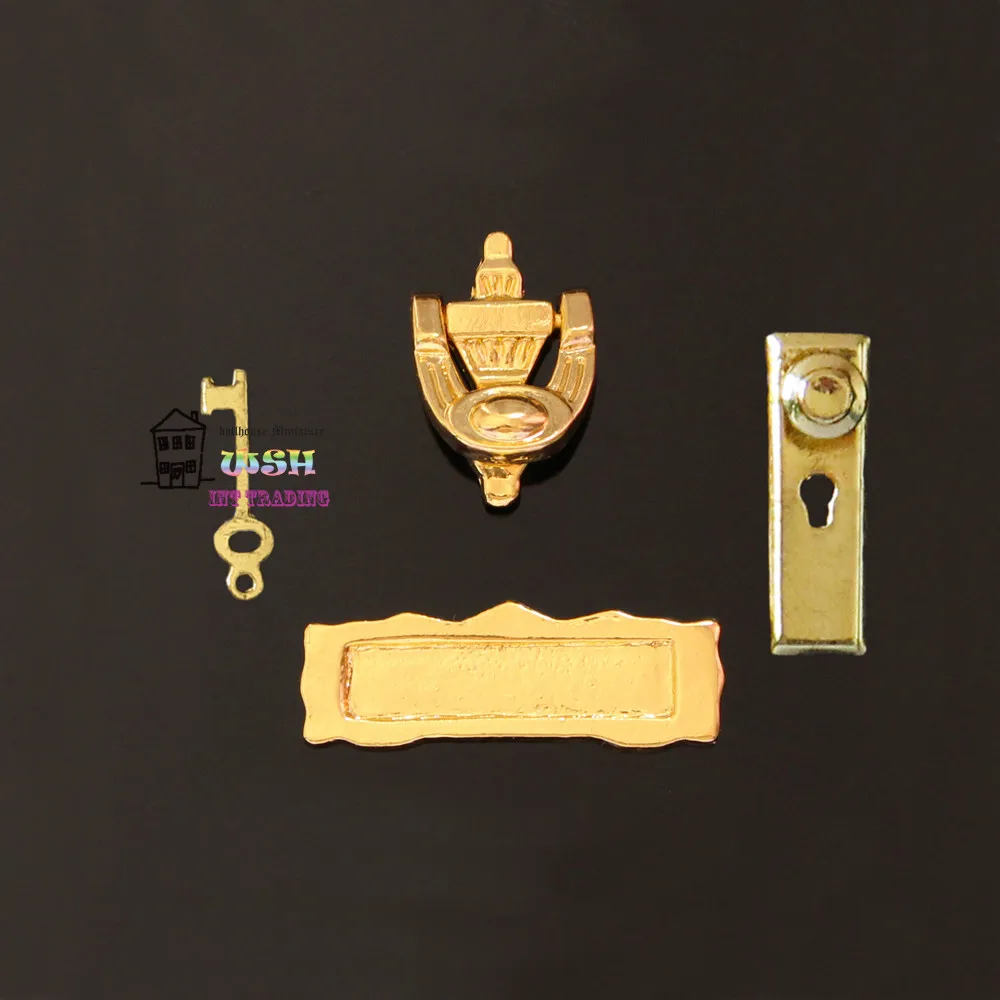 

1:12 Doll house Fairy Door Accessories Hardware Metal Doorknob Key Mailbox Knocker Simple style 4pcs