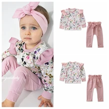 Комплект одежды для новорожденных девочек; детская футболка с длинными рукавами и цветочным принтом; блузка; 2 предмета; штаны; одежда для малышей; милый комплект; осенняя одежда для малышей