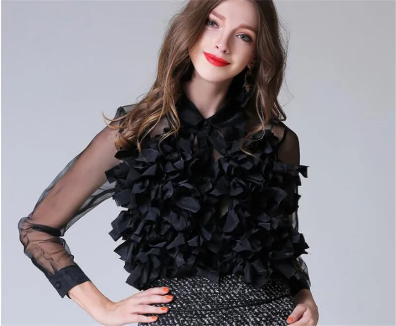 

Spring 2018 Women White Blouse See Through Sweet Applques Tops Long Sleeve Transparent Mesh Shirt Summer Sweet Lolita Shirt