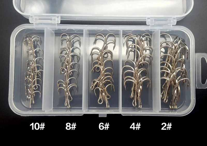 50 шт./лот тройной рыболовный крючок в ящик для хранения заточенные тройной крючок Размеры 2/4/6/8/10 колючей крючок серебро/черный Цвет FH87