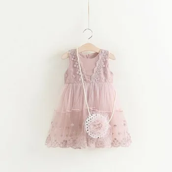 

Girls Dress Baby Girl Clothes Summer Kids Girls Costume Children Sleeveless Mesh Embroidery Princess Dresses with Bags Ball Gown