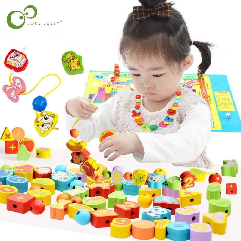 26pcs Wooden Toys Baby DIY Toy Cartoon Fruit Animal Stringing Threading Wooden beads Toy Monterssori Educational for Kids GYH
