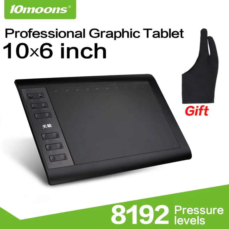 

10moons 1060Plus Graphic Tablet 10x6 Inch Digital Drawing Tablet 8192 Levels Battery-Free Pen and Glove