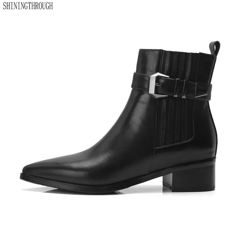 Genuine leather Women Ankle Boots Autumn Winter 4cm High Heels Shoes Woman Buckle Decoration Basic Boots woman
