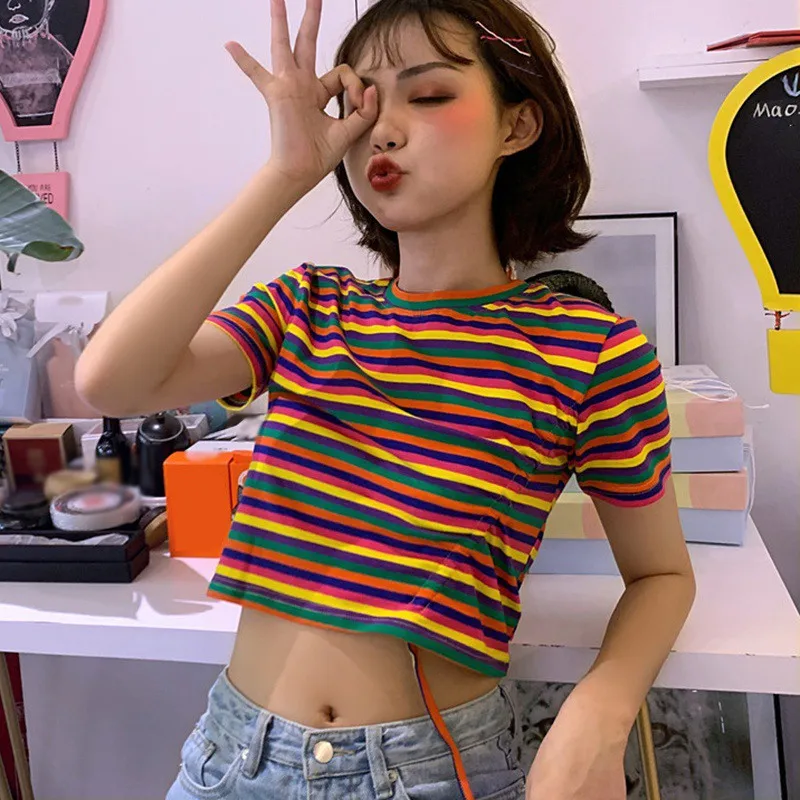 

2019 Korean Fashion Rainbow Striped T Shirt Women Short Sleeve Slim T-shirts Harajuku Drawstring Ladies Clothes Women Crop Top